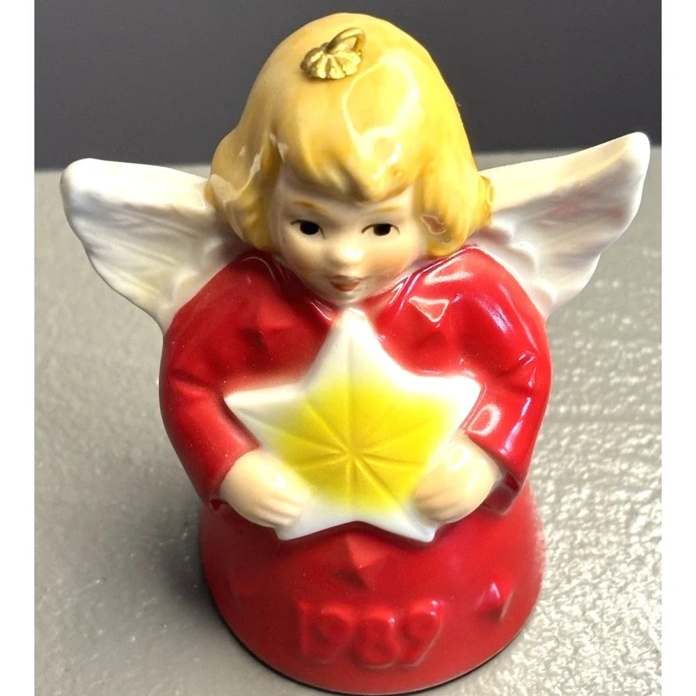 Vintage 1989 Goebel Angel Bell with Star Christmas Tree Ornament Red Dress